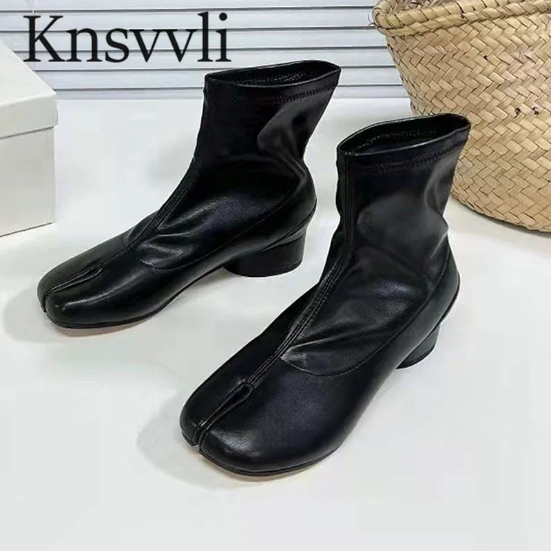 

Black Short Boots Woman Fashion Slip-On Split toe Ankles Boots Female Square Toe Round Heels Stretch Boots Women