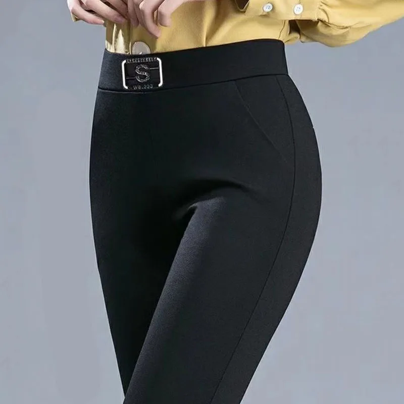 Spring Autumn Korean Fashion Pencil Women's Pants Ladies Solid High Waist Diamonds Elastic Straight Pants Female Slim Trousers