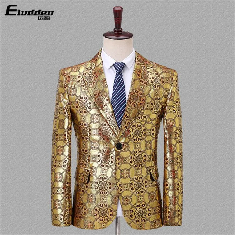 Jacquard gold and silver blazer men groom suit fashion mens wedding suits costume singer stage clothing formal dress 980