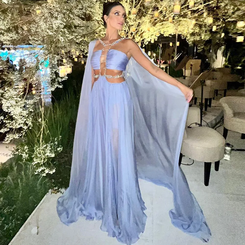 

Halter Blue Chiffon Evening Dresses For Women Lace Up Woman Clothing With Cape Floor Length Prom Dress With Slit Ever Pretty