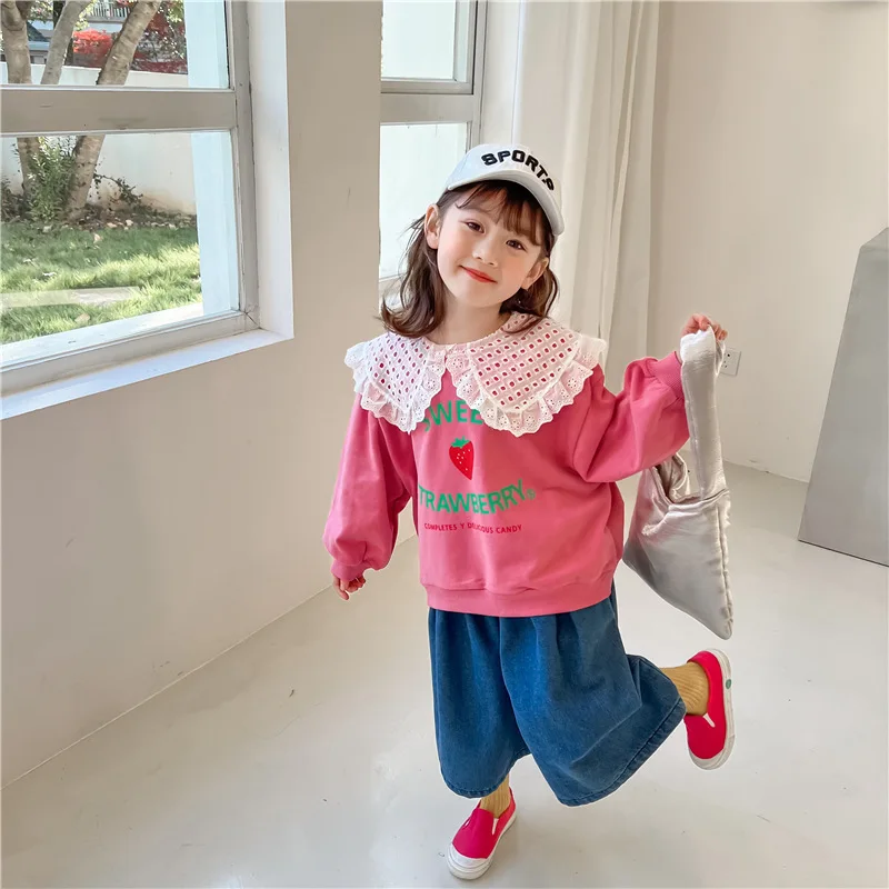 Весна 2022 корейский женский милый пуловер в виде клубники с кружевными лацканами |