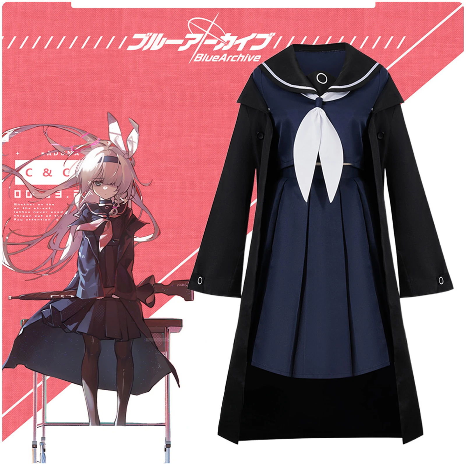 

Anime Blue Archive Purana Cosplay Costume for Women XS-XL Girl Navy Blue Sailor Suits Black Cool Trench Bow-Tie Halloween