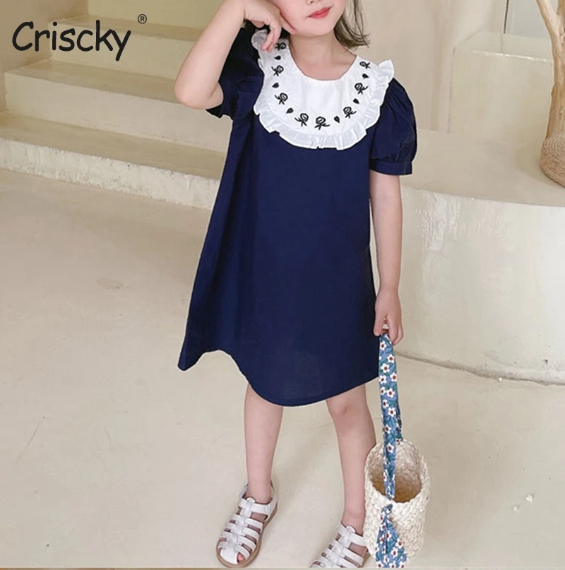 

Criscky Summer Children's Clothes Organic Cotton O Neck Short Sleeve Embroidery Baby Girls Dress Fashion Princess Kids Dresses