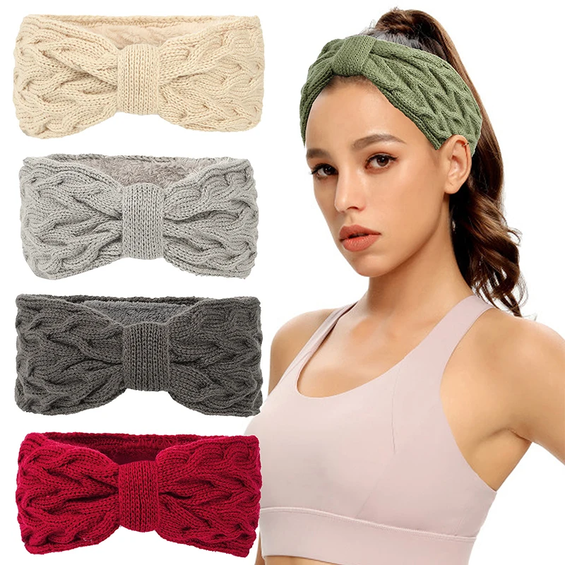 

Autumn Winter Thicken Knitting Woolen Wide Headband For Women Plush Lined Headwrap Turban Hairbands Keep Warm Female Ear Warmers