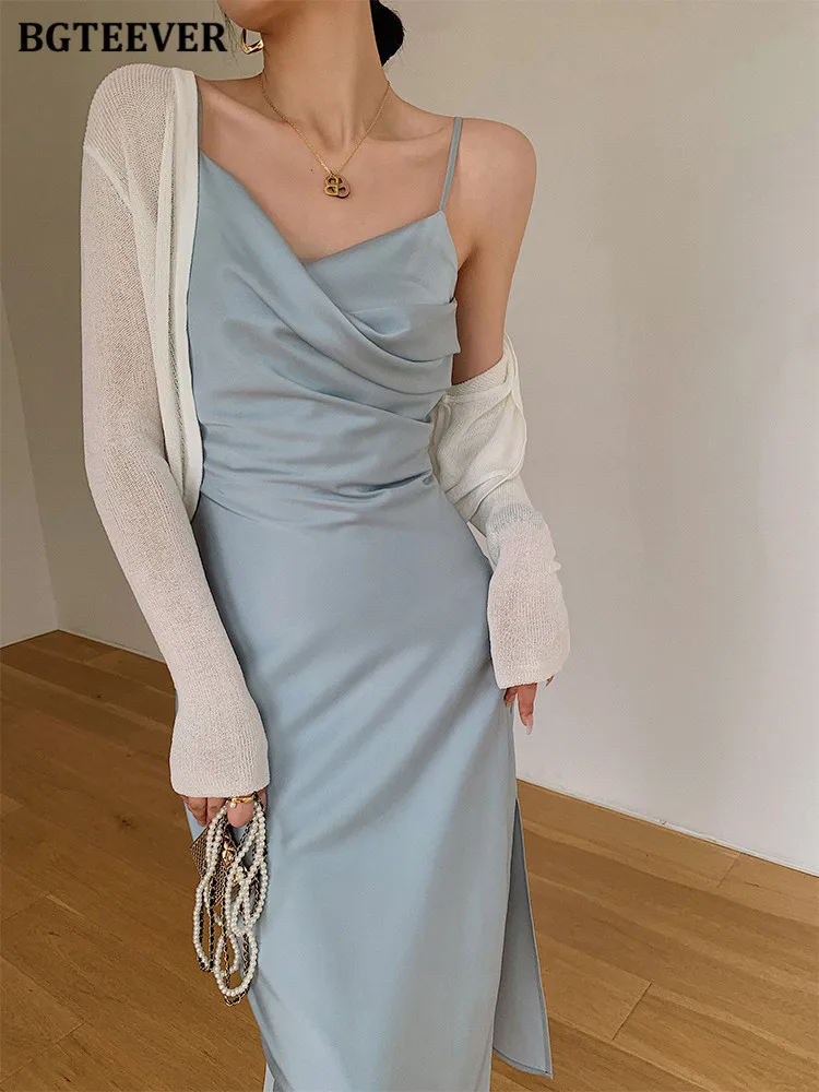 

BGTEEVER Elegant V-neck Spaghetti Strap Satin Dress Women Summer Sleeveless Side Split Slim Waist Female Party Dress vestidos