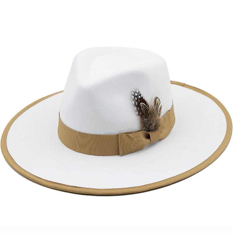 

New Wool Fedora Hats for Women Wide Brim Dress Men Caps Felted Hat Panama Church Wedding Feather Band Men Hat Sombreros De Mujer
