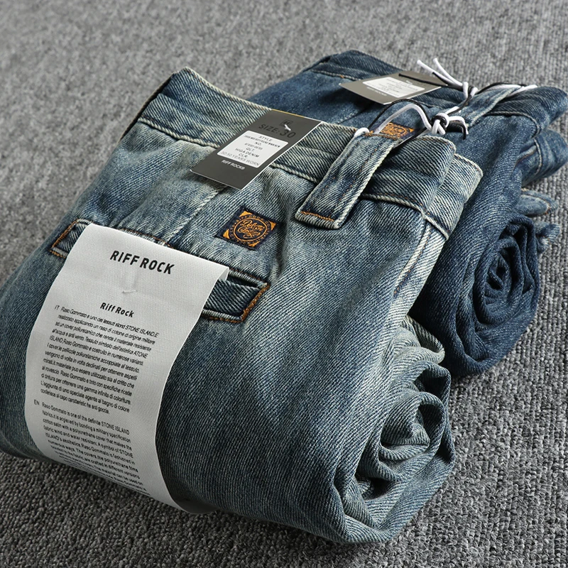 Heavy wash worn blue cotton denim jeans men, n retro trend loose straight tube youth long pants
