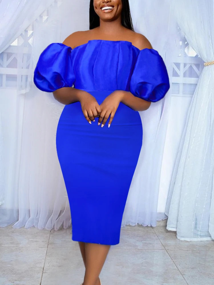 

AOMEI Women Party Dress Blue Off Shoulder Short Puff Sleeve High Waist Sexy Bodycon Midi Length Evening Cocktail Event Gowns New