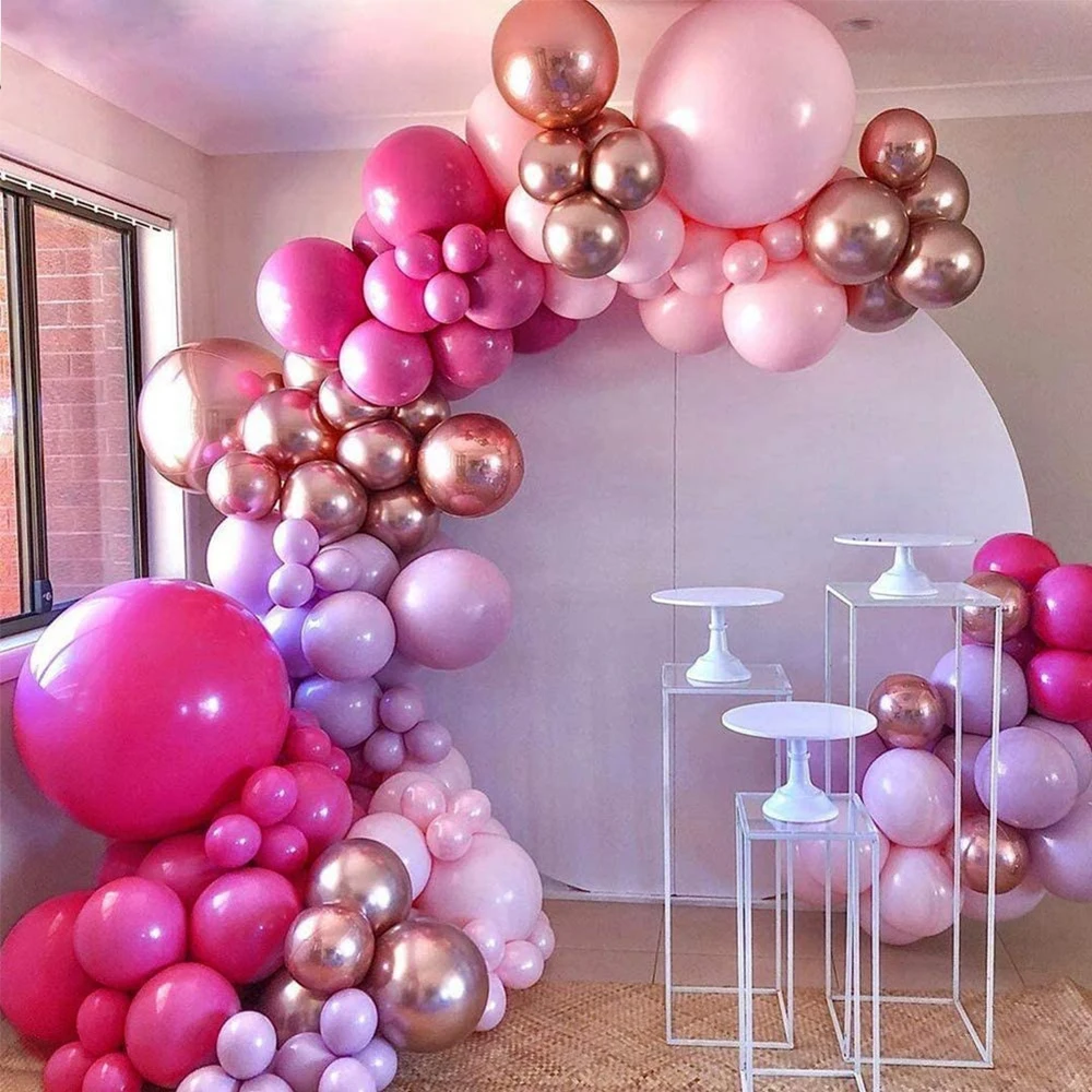 Hot Pink Balloon Garland Arch Kit Butterfly Stickers Chrome Rose Gold Latex Balloons for Birthday Wedding Baby Shower Decoration