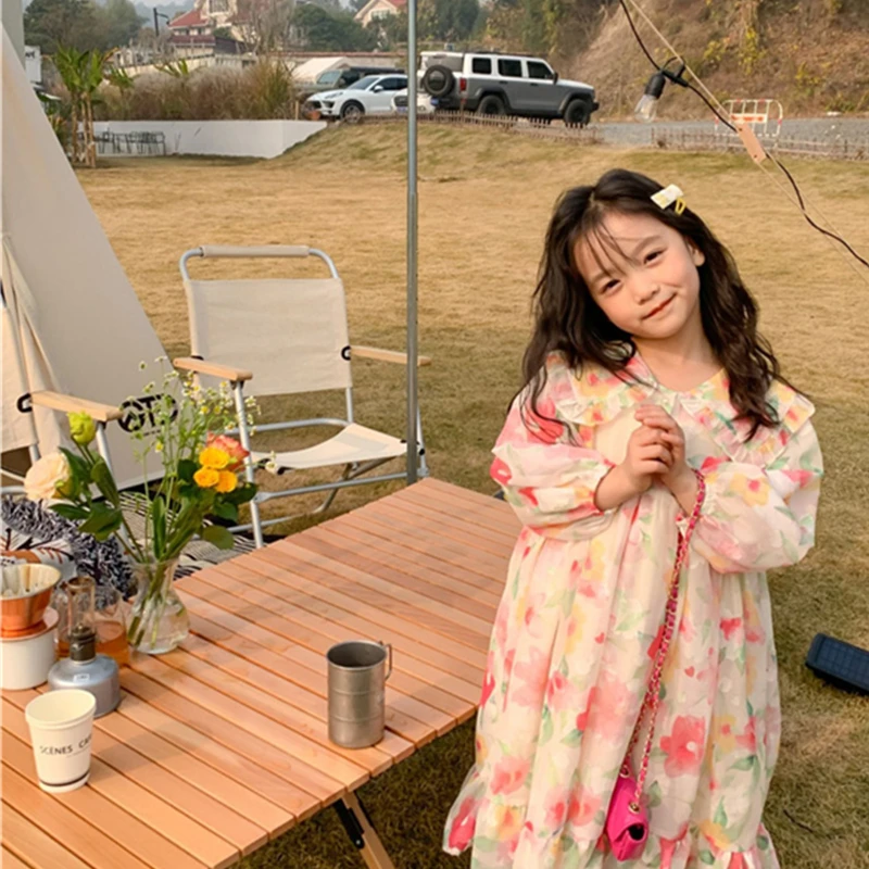 

2022 New Girls Dress Kids Beach Skirt Spring Summer Children's Clothing Pink Large Flower Dress Peter Pan Collar Princess Dress