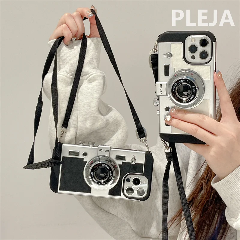 

Fashion Crossbody Strap 3D Camera Phone Case For iPhone 14 Plus 11 13 12 Pro Max X XR XS Max Cover Cute Soft Protective Cases
