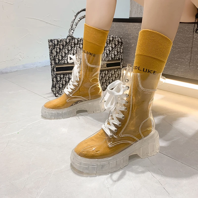 2023 New Fashion Women Pu Transparent Platform Boots Waterproof Ankle Boots Feminine Clear Thick Bottom Rainboots Sexy images - 6