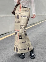 newspaper pattern print vintage skirt high waist split vintage slim long skirts for women high srteet hipster girl y2k harajuku