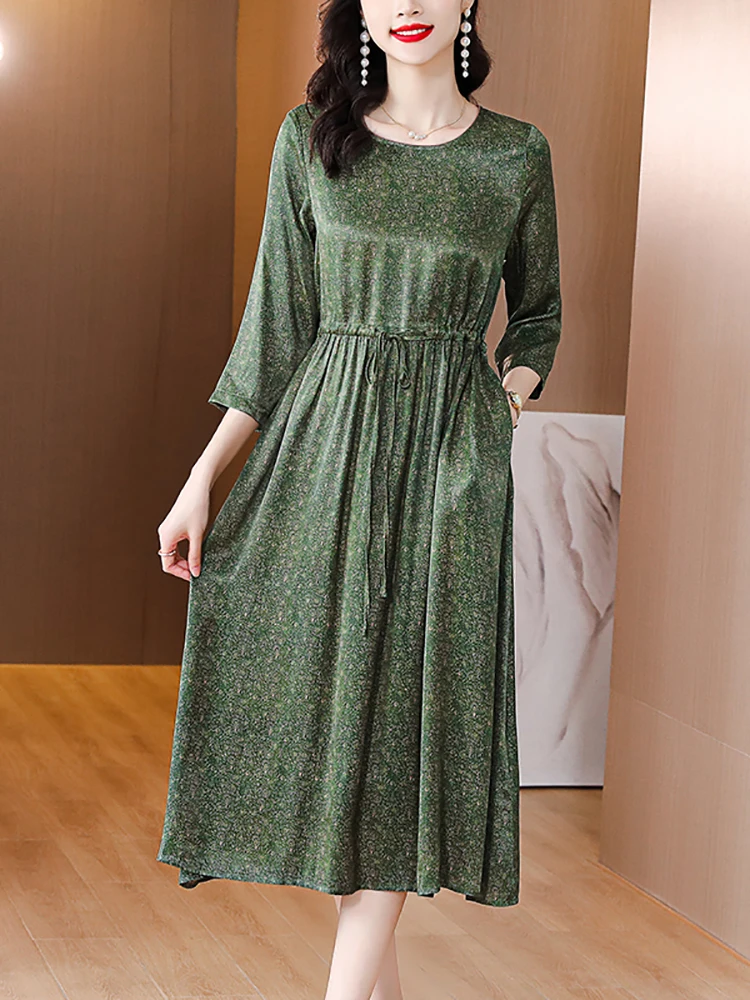 

Women Green Floral Silk Satin Midi Dress Autumn Winter Fashion Elegant Luxury Chic Dress 2023 Korean Vintage Bodycon Party Dress