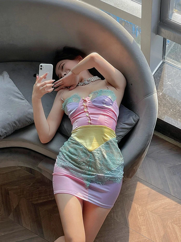 

Spice High Quality Girls Tank Slip Dress Women Tight Lace Mesh Super Sweet European Women Streetwear Korena X8WR