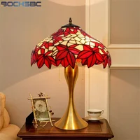BOCHSBC Tiffany Style Table Lamp Red Maple Leaf Lampshade Stained Glass Desk Light Alloy Colorfull Base Decorative Handicraft