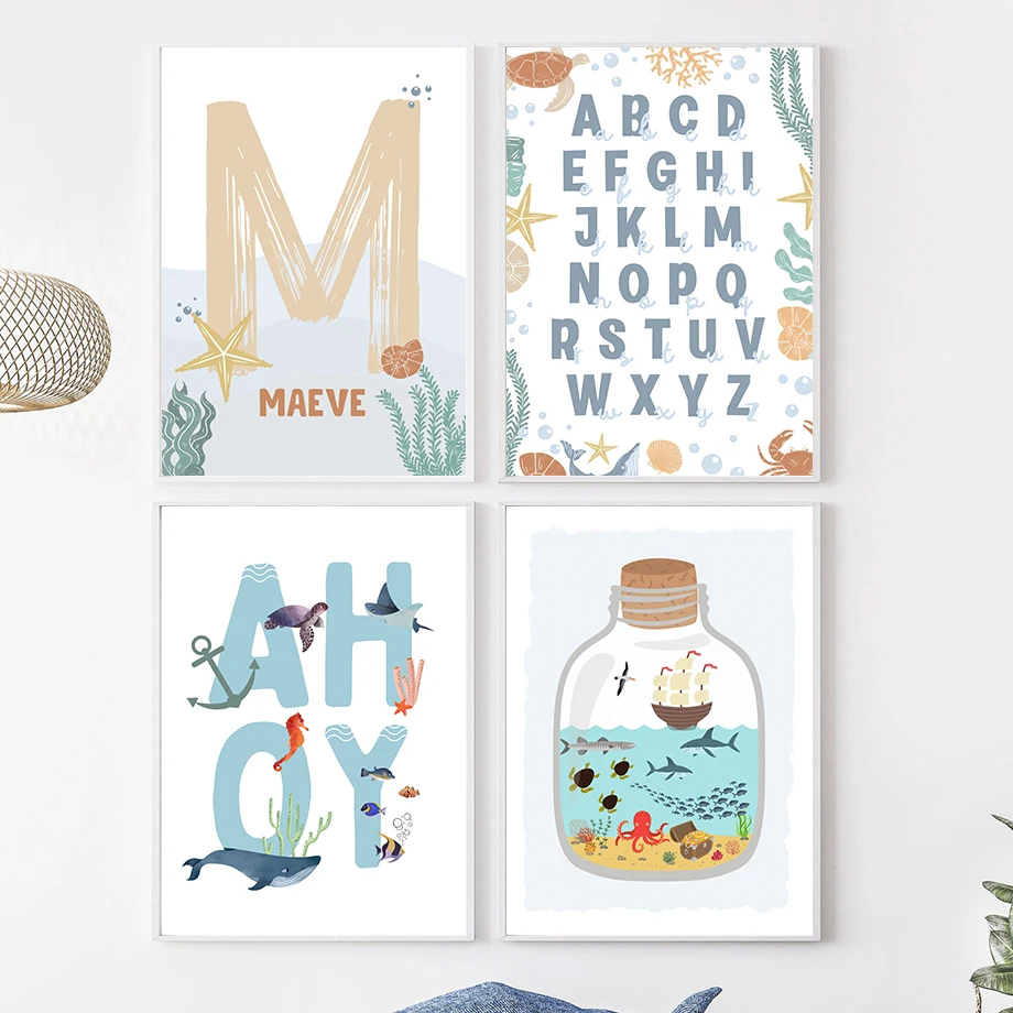 Кит Акула морская лошадь осьминог дрифт бутылка для детской стены искусство