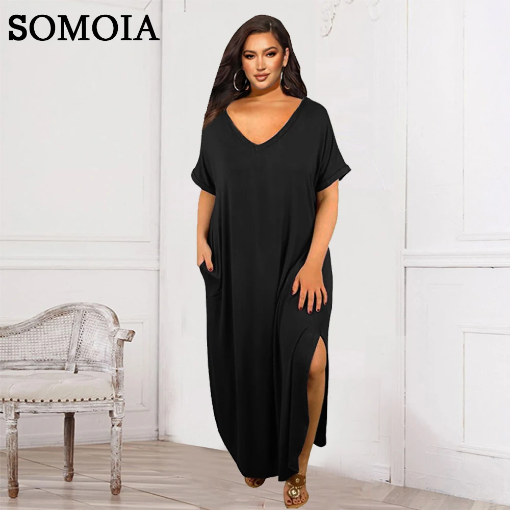 

SOMOIA L-4XL Summer Plus Size Dresses Casual Elegant Solid Color V Neck Loose Slit Short Sleeved Dress Wholesale Dropshipping