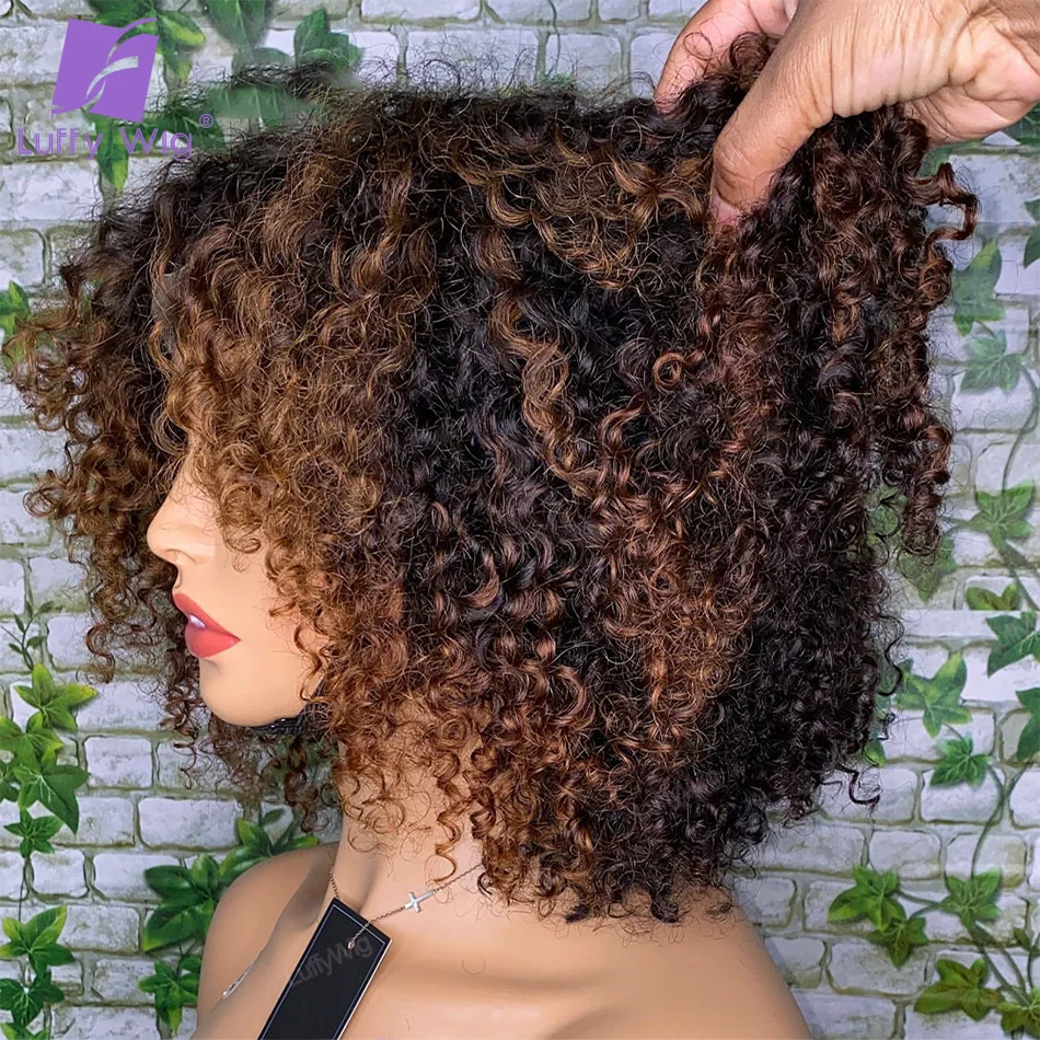 Ombre Colored Afro Kinky Curly Full Machine Made Human Hair Wigs With Bangs O Scalp Top Wig Brazilian Remy Hair For Women 200%