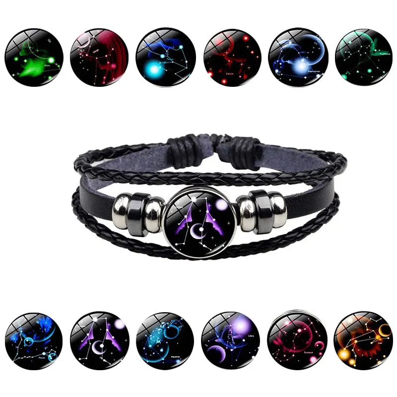 

European and American Jewelry Twelve Constellation Couple Bracelet Glass Multi-layer Beaded luminous Cowhide Starry Sky Gift