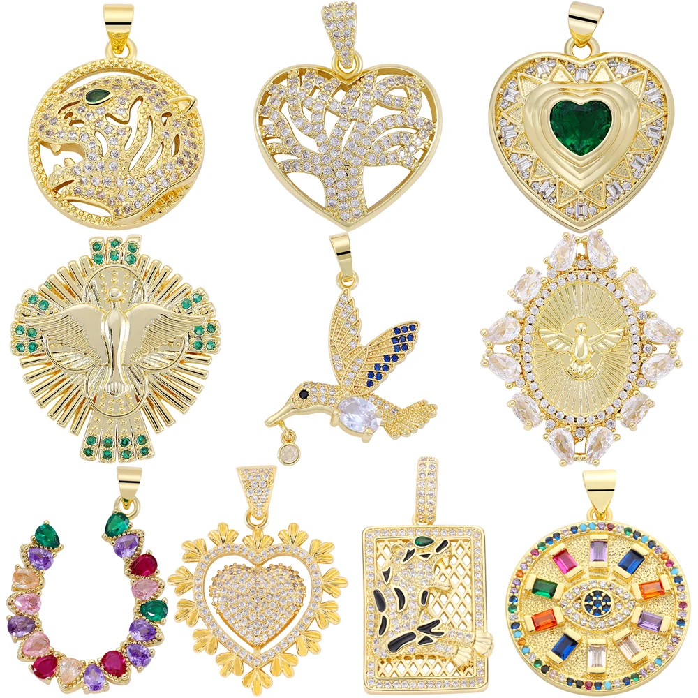 

Juya New Design Cz Paved Copper Plated Tiger Leopard Panther Tree Of Life Eagle Bird Greek Evil Eye Love Hearts Charms Supplies