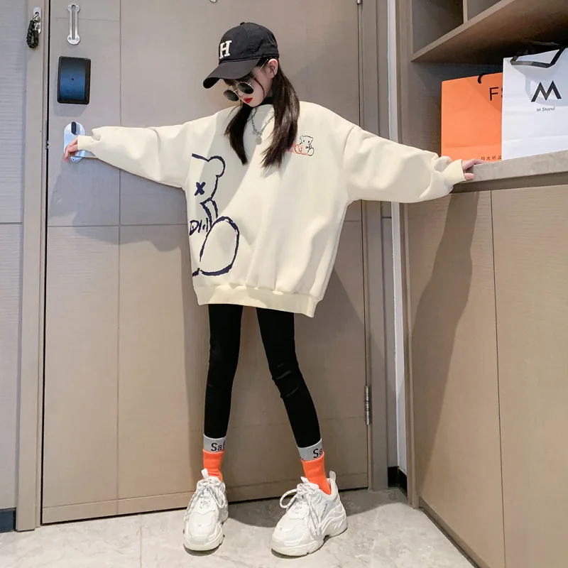 2024 осенне-зимняя одежда с медведем для девочек белый свитшот капюшоном детская