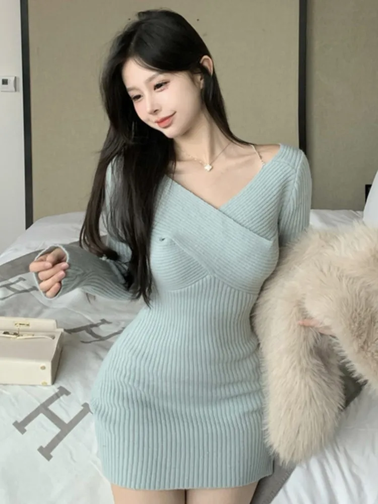 

Autumn Sexy Long Sleeve Knitted Mini Dress Women Fashion New V-neck Slim Waist Lady Clothes 2023 Solid Casual Female Outfits