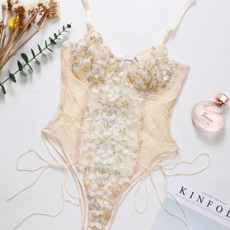 

Women Teddy lingerie Sexy Underwear Erotic Corset Lace Mesh Sleepwear Nightwear Embroidered strap one-piece sexy pajamas