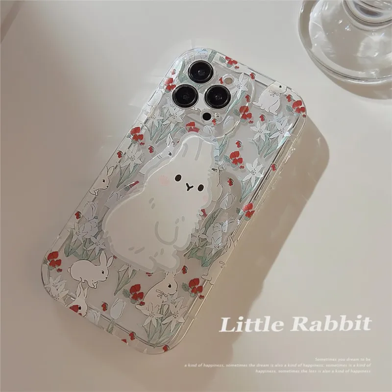 Korea Flower Rabbit with Stent Phone Case For iphone 14 13 12 11 Pro Max X XR XSMAX 7 8 Plus SE TPU Cute Case Cover New Products