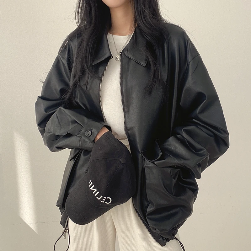 Korean chic vintage lapel large pocket zippered cardigan jacket loose casual long sleeved leather jacket short coat women