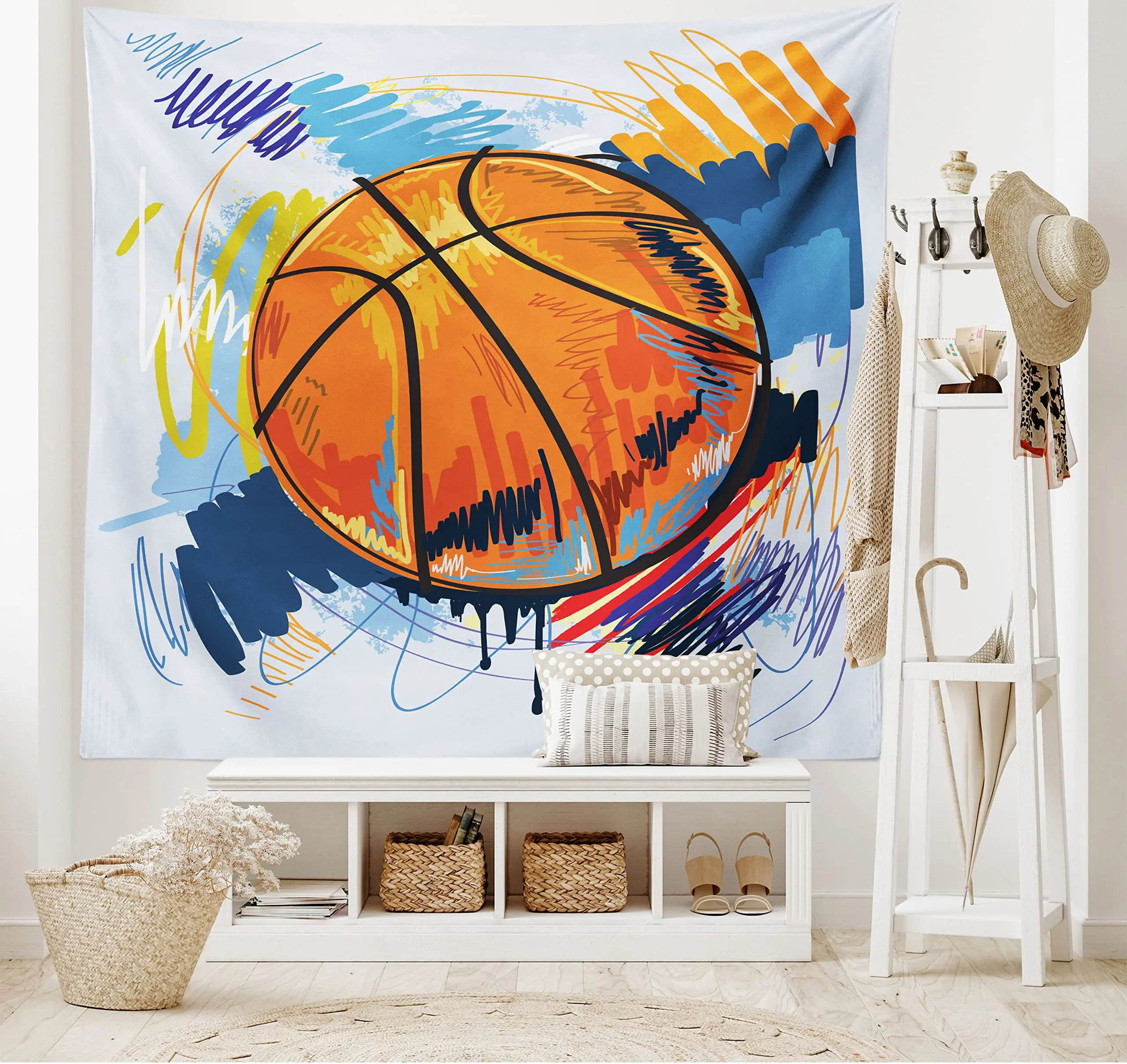 

Sports Tapestry Basketball Colorful Background Sketch Doodle Style Design Tapestry Wall Hanging Art for Bedroom Living Room Dorm