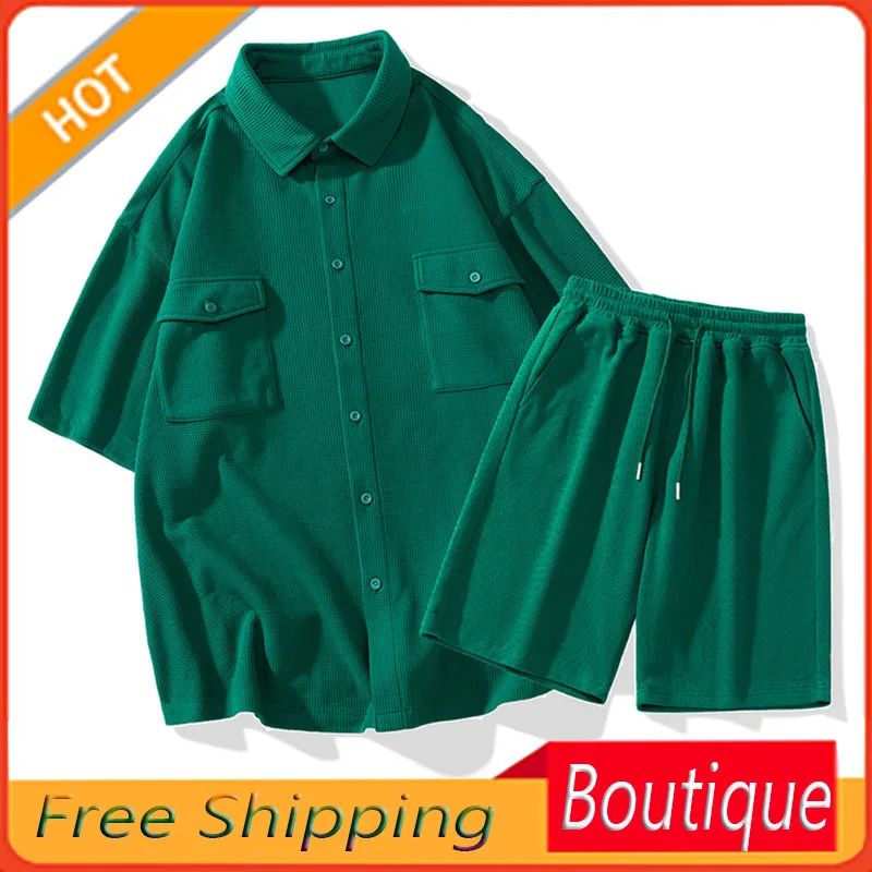 Summer green short-sleeved shirt suit men's trend casual shirt 2023 new tide brand plankton men's two-piece set