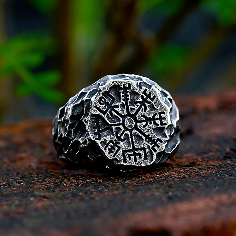 

Unique Vintage Stainless Steel Viking Compass Stone Ring Men's Nordic Totem Odin Meteorite Rings Fashion Jewelry Gifts Wholesale