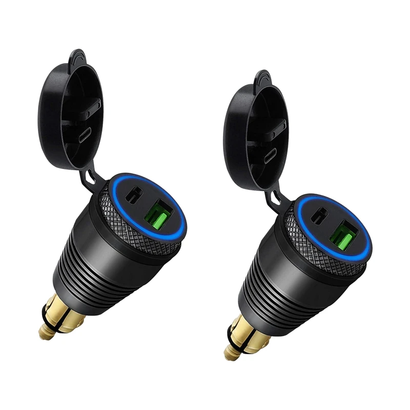 

2X Motorcycle DIN Hella Plug Waterproof Charger To QC3.0 USB Charger & Type C 30W Power Delivery Adapter Socket