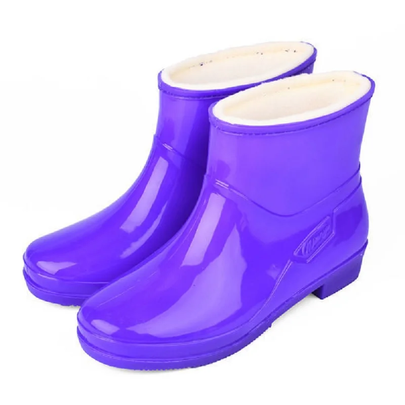Feerldi Purple Women Waterproof boots Low Heels Colorful Polka Dot Rain for women Plush Warm Water Shoes
