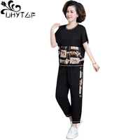 uhytgf womens tracksuit summer set of two fashion pieces for women short sleeve pullover slim sports suit female outfits 4xl 44