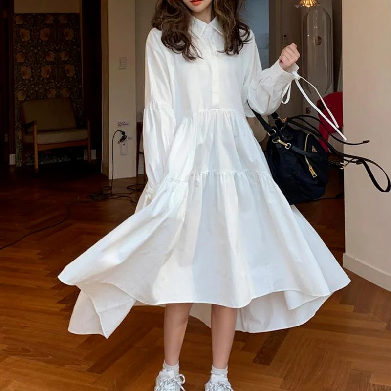 

Korean Chic White Dresses Fairy Shirt Straps Retro Loose Turn Down Collar A-line Long Dress Women Long Sleeves Irregular Dress