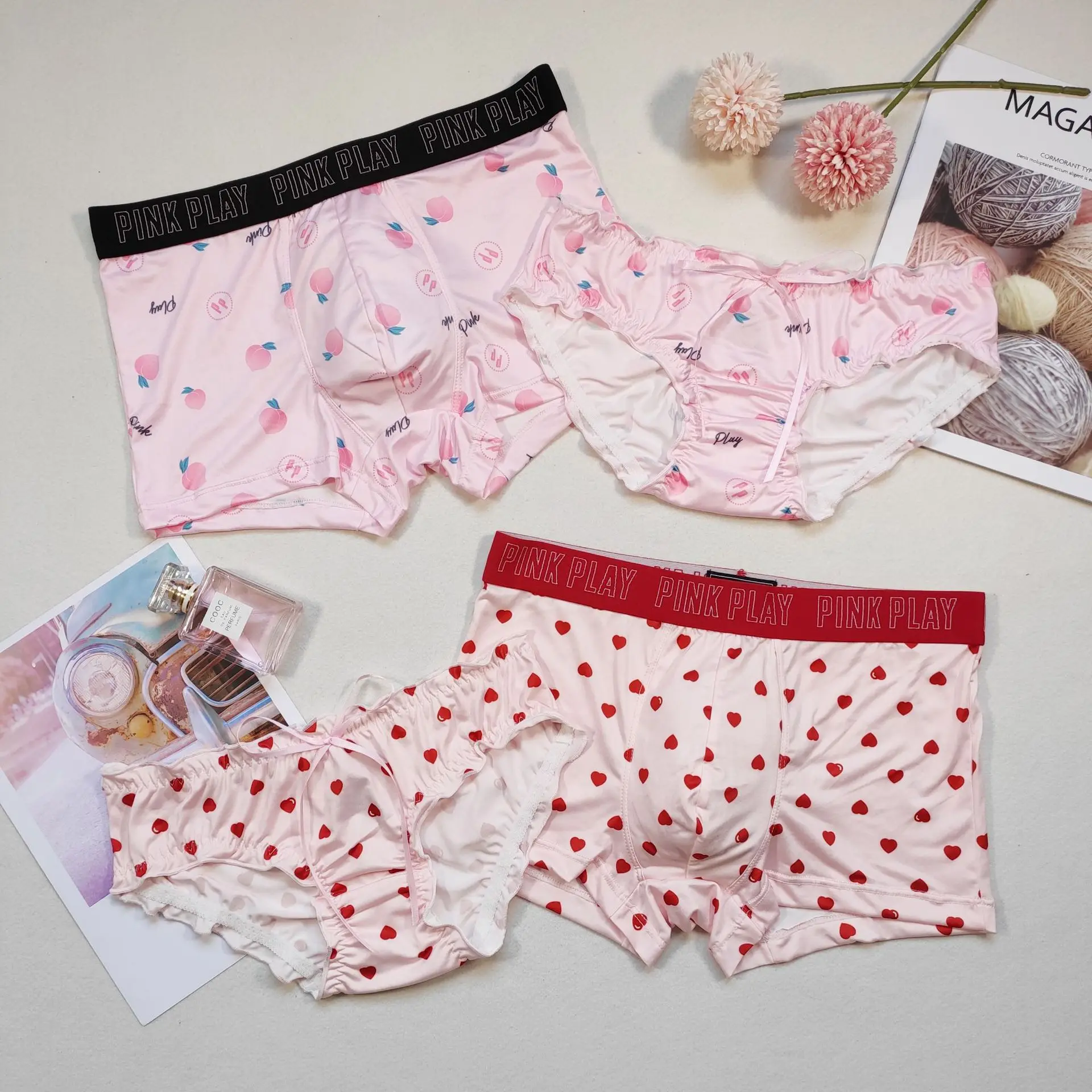 Event Underwear Couple Panties Women’s Underwear Men’s Boxers Ice Silk Cute Underpants Lovely Print Lace Panties Sexy Comfortable Lingerie