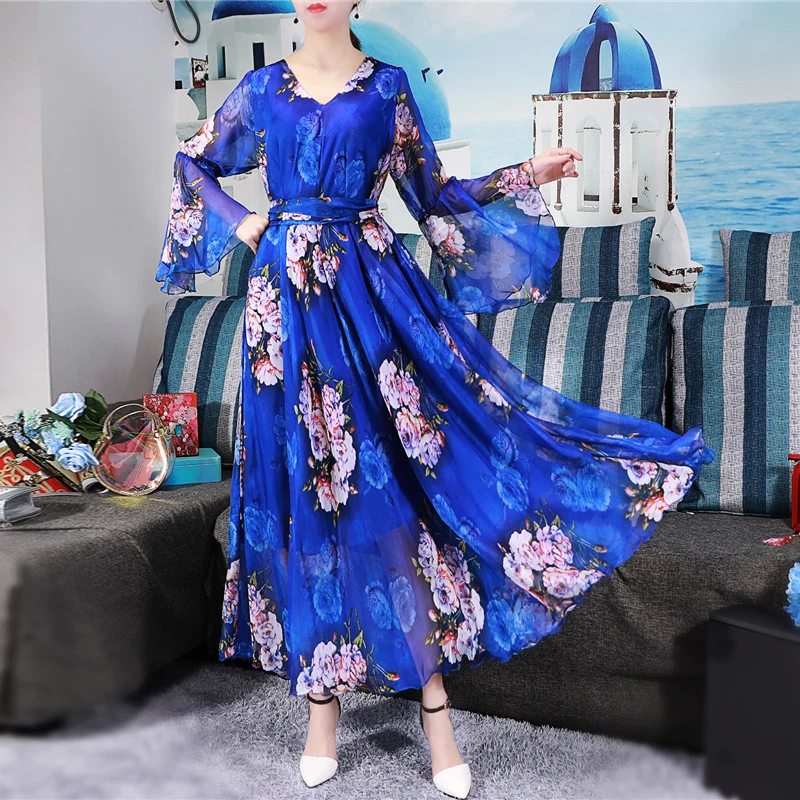 

Новинка 2022, стильное блестящее пляжное платье-макси для торжества, легкое сексуальное шифоновое платье с круглым вырезом и расклешенными р...