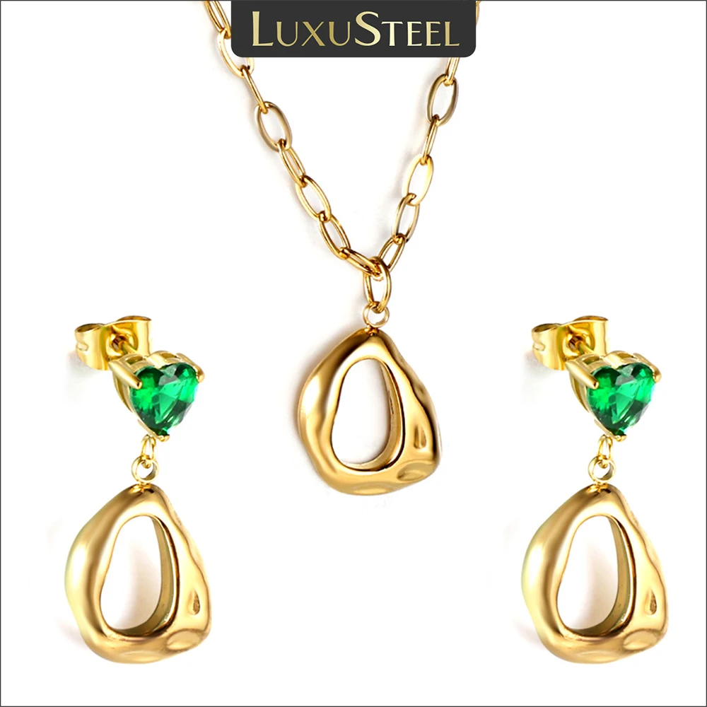 

LUXUSTEEL Vintage Necklace Earrings Jewelry Sets For Women Ladies Stainless Steel Geometric Irregular Green Crystal Heart Studs