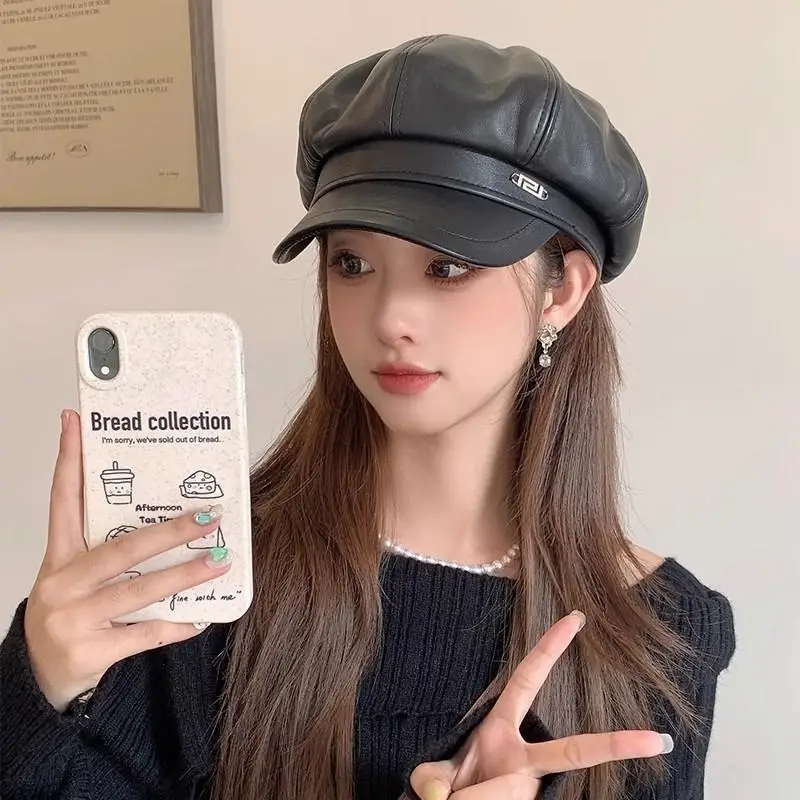 Флагманская черная восьмиугольная кепка из искусственной кожи с