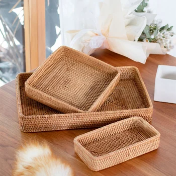 Handwoven Rattan Storage Basket Square Wicker Tray Picnic Basket Bread Food Plate Fruit Cake Sundries Box Kitchen Decoration 1