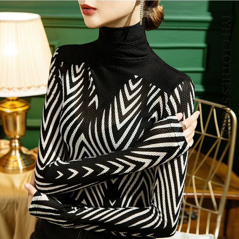 

2022 Autumn spring new tops turtleneck lace bottoming shirt slim fit western zebra stripes Long-sleeved T-shirt women's S-3XL