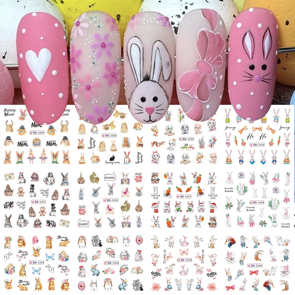 

12 Design Cute Rabbit Water Sliders Nail Decals Set Lovely Cartoon Bunny Radish Easter Spring Decor Manicure Stickers SABN