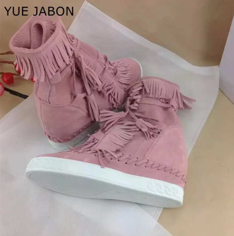 Nude Woman Cow Suede Leather Tassel Ankle Boots Womens Height Increasing High Heels Shoes Female Plus Size Lace up