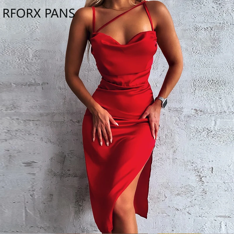 

Women Solid Spaghetti Straps Lace Up High Silt Cowl Neck Asymmetrical Party Sexy Red Dress