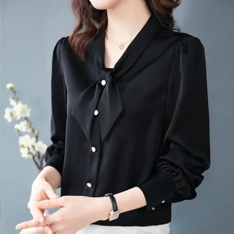 Женская атласная рубашка с бантом элегантная офисная блузка в Корейском стиле
