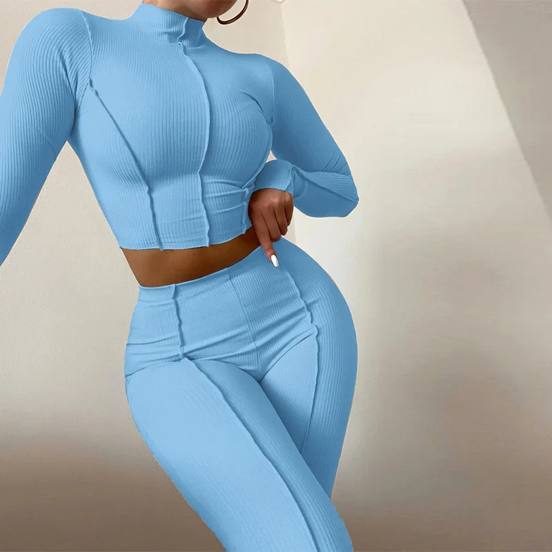 

Elegant 2022 Spring Two Piece Set Casual Sporty Suit Women's Outfits Ribbed Long Sleeve Top & High Waist Skinny Pants Set