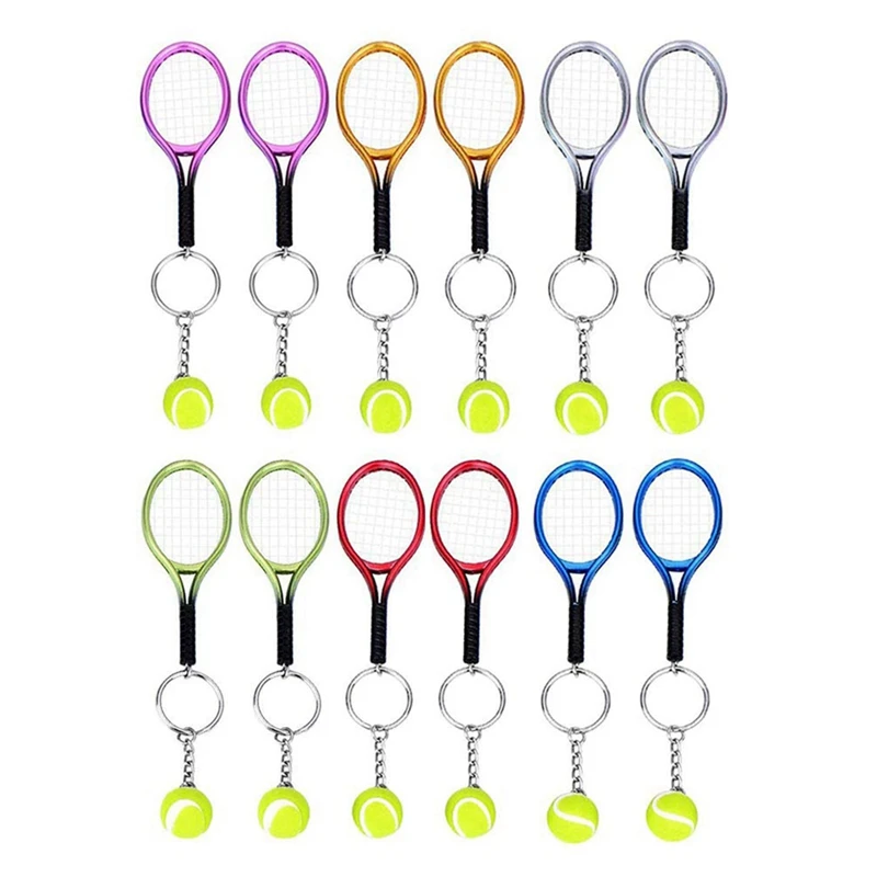 

12 Pcs Key Ring Tennis Racket Keychain Mini Keychain Fashionable Tennis Ball Split Ring Keychain For Sport Lovers Team