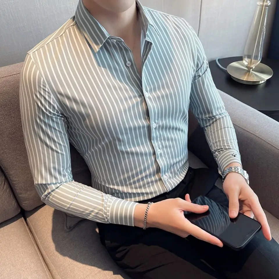 Men's long sleeve striped shirt anti-wrinkle embroidery spring and autumn business casual Korean slim handsome jacket